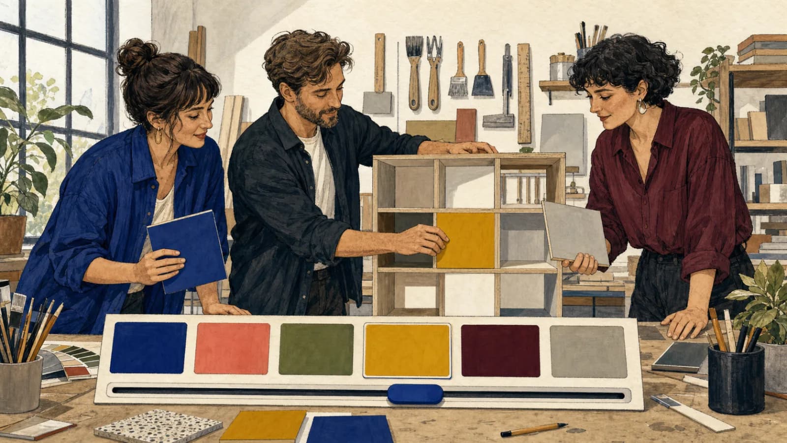 Drei Erwachsene wählen mit einem Schieberegler Senfgelb aus und setzen die Farbe in einem modularen Regalmodell ein.