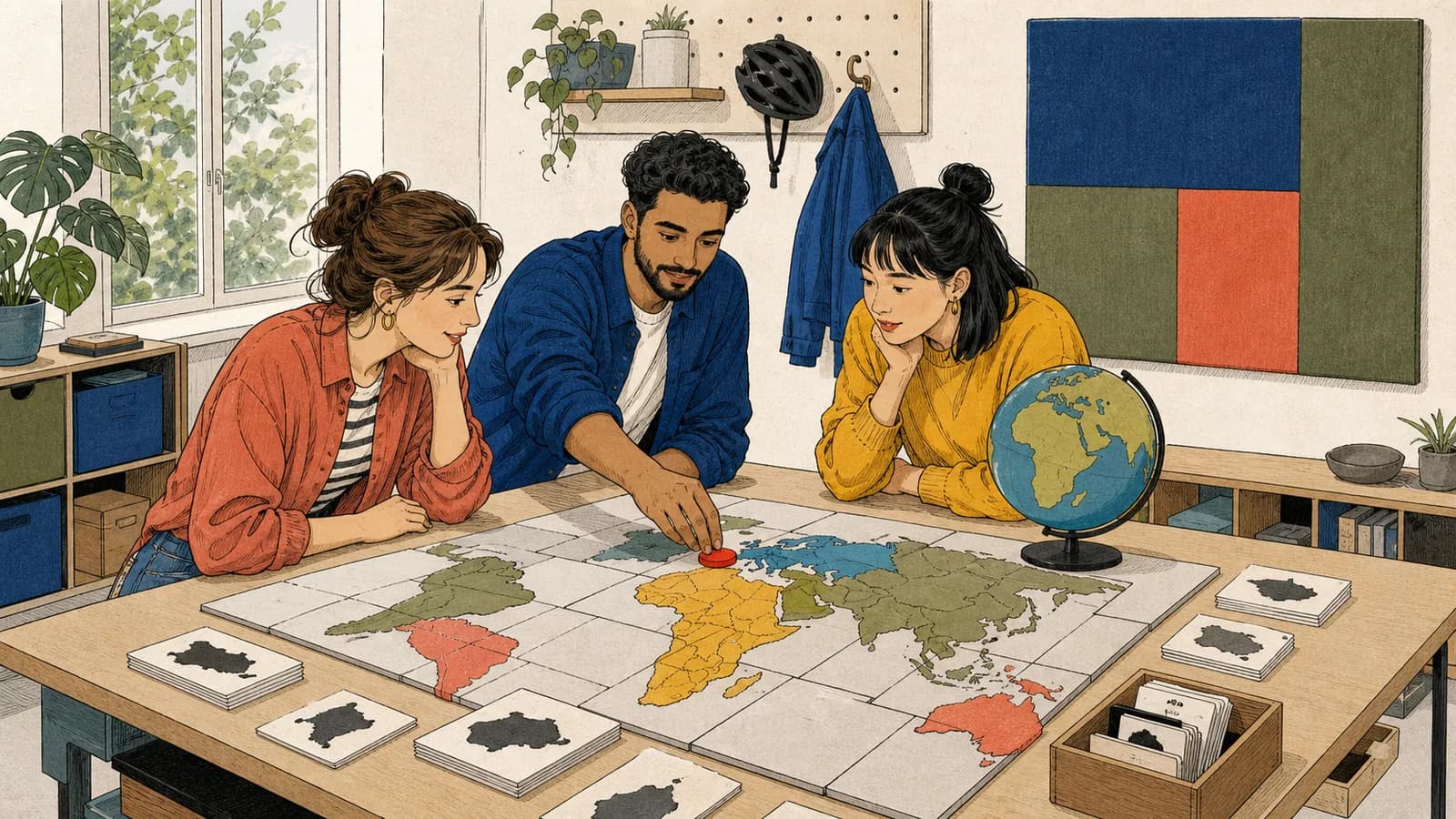 Drei Erwachsene wählen in einem hellen Gemeinschaftsatelier mit Weltkarte, Globus und Länderkarten zufällig ein Land aus.