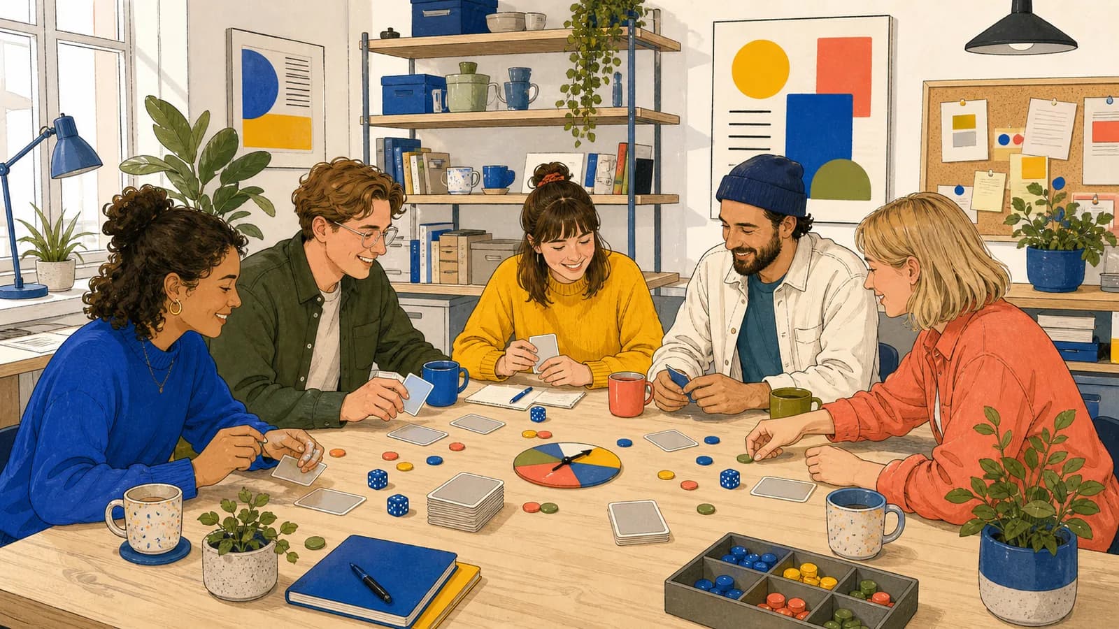 Eine diverse deutsche Kreativgruppe nutzt Würfel, Karten, Jetons und ein Drehrad, um zufällige Ideen auszuwählen.