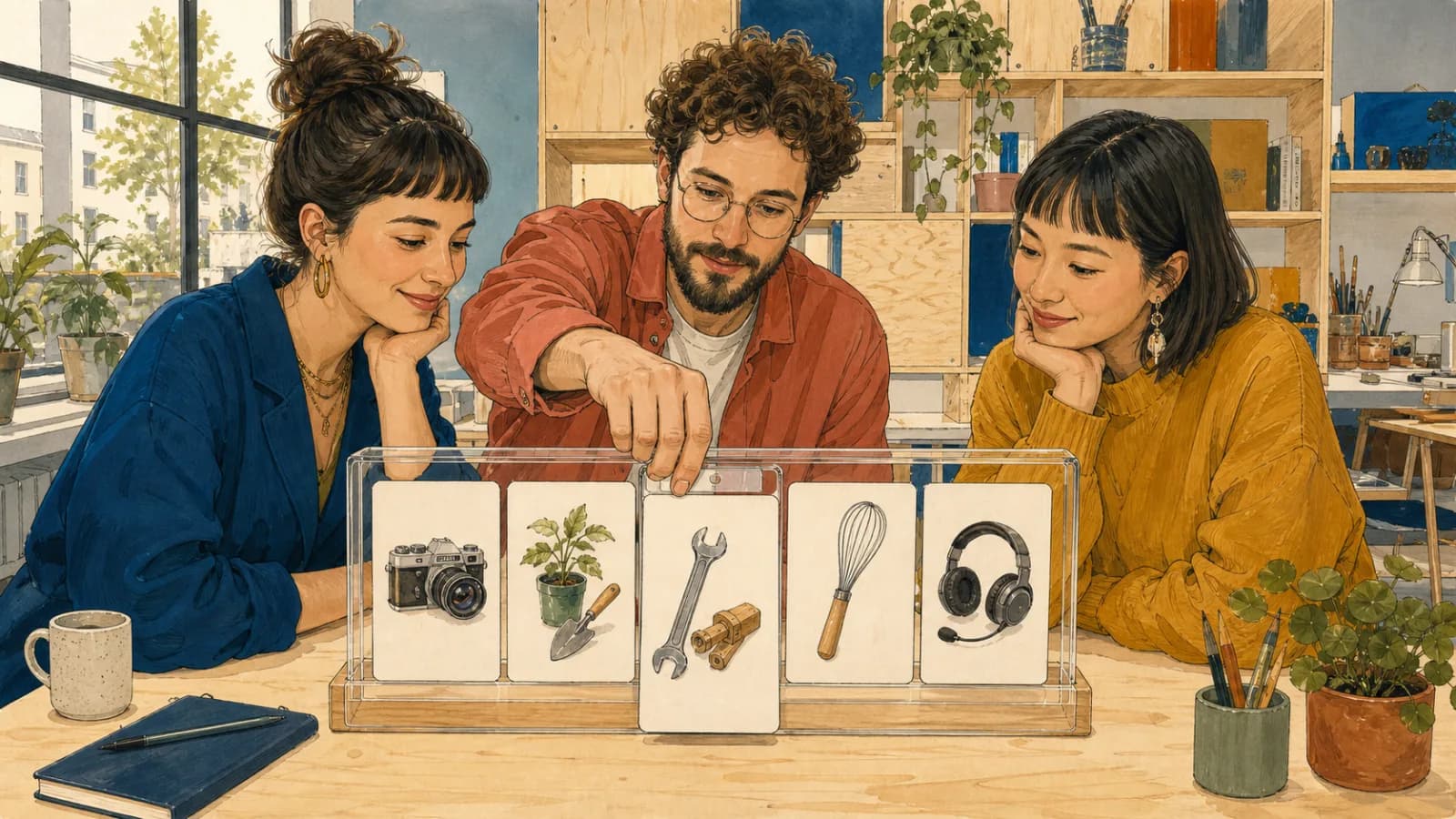 Drei Erwachsene ziehen in einem Berliner Kreativstudio mit einem transparenten Kartenselektor zufällig eine wortlose Karte für einen technischen Beruf.