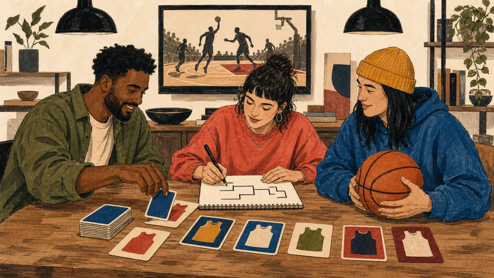 Drei Freunde an einem Werkstatttisch decken Teamkarten auf, zeichnen einen Spielplan in ein Notizbuch und halten einen Basketball