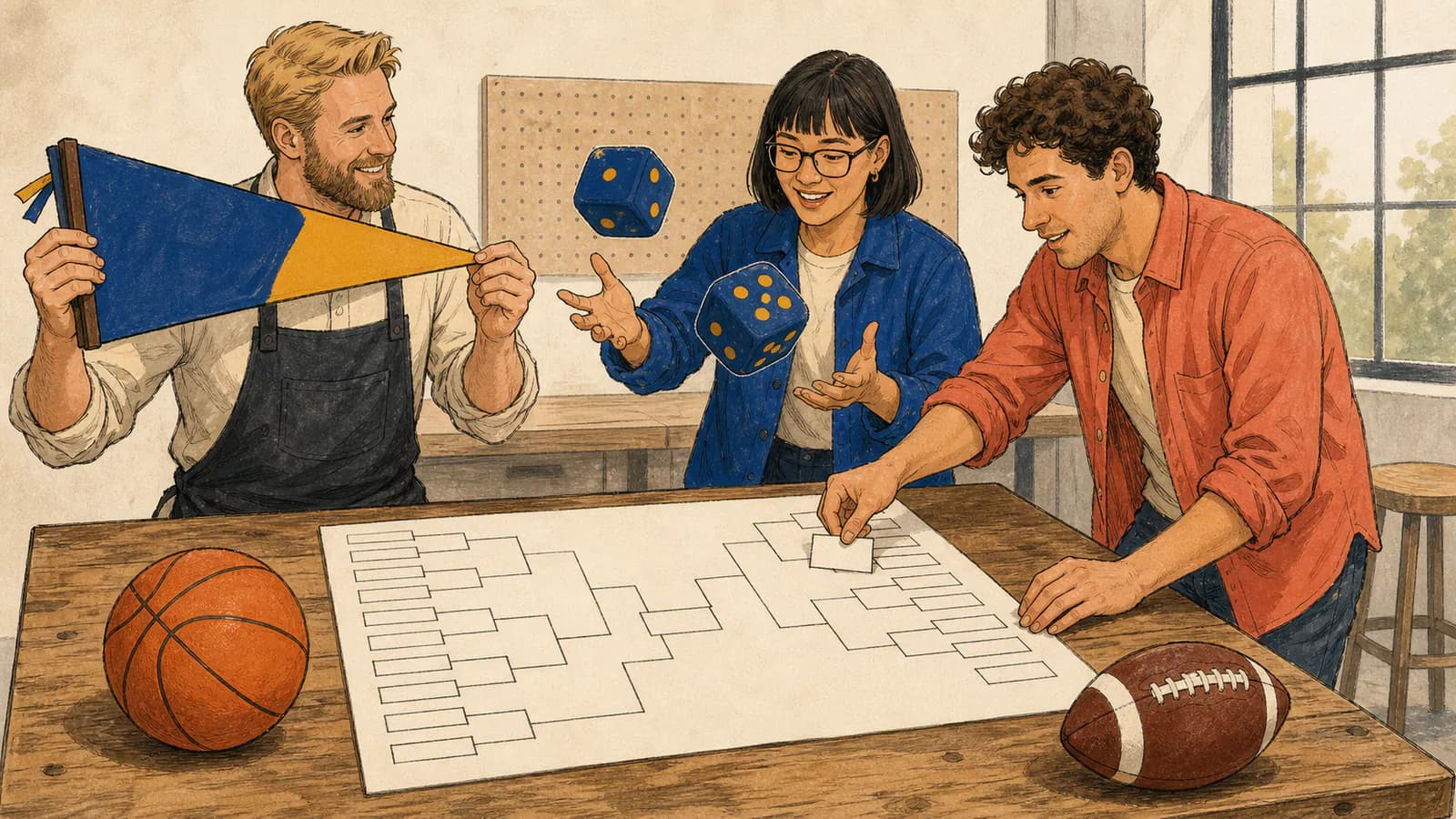 Drei Freunde an einer Werkbank füllen ein leeres Turnier-Bracket aus: eine Frau in einer kobaltblauen Jacke wirft zwei Schaumstoffwürfel, ein Mann im korallfarbenen Hemd steckt eine leere Teamkarte in ein freies Feld, und ein Mann mit Arbeitsschürze hält einen schlichten kobalt-senffarbenen Wimpel, daneben liegen ein Basketball und ein American Football.