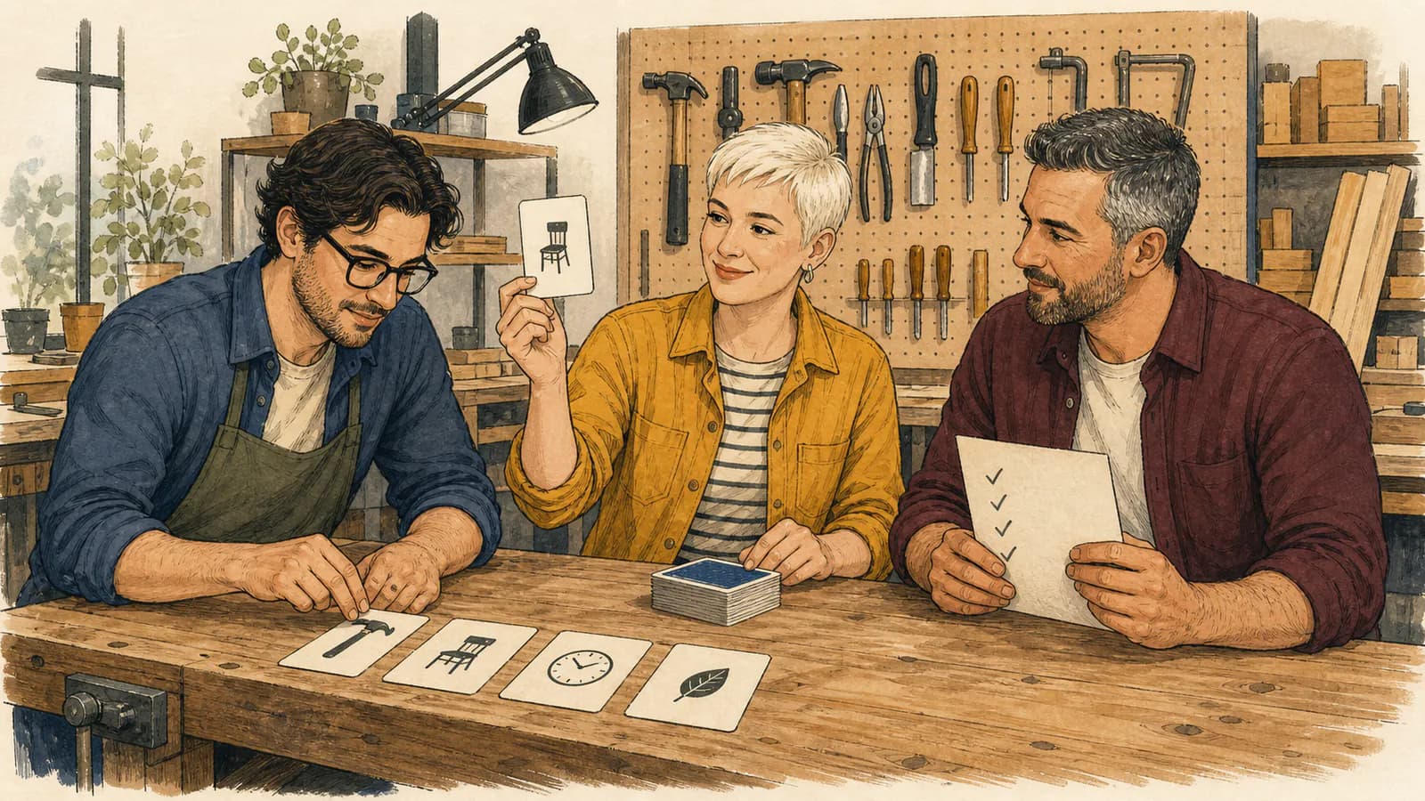 Drei Freunde an einem Werktisch spielen ein Karten-Spiel mit Gegenständen: eine Frau hält eine gezogene Karte hoch, ein Mann reiht gezogene Karten mit einfachen Objekt-Piktogrammen auf dem Tisch, ein Mann führt eine Checkliste mit Häkchen.