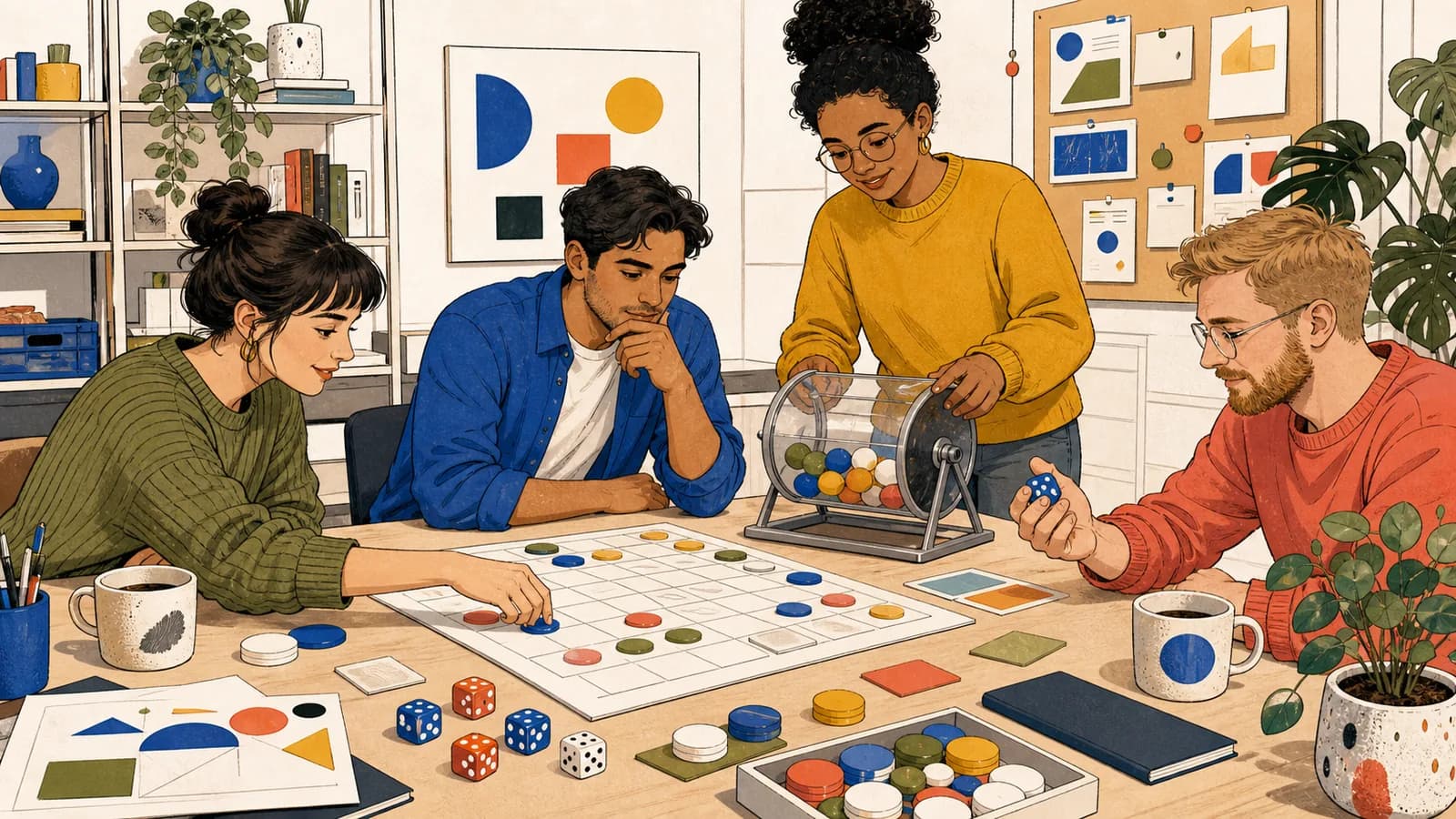Eine diverse Gruppe in einem deutschen Designstudio nutzt Würfel, farbige Marken, ein Raster und eine Ziehungstrommel, um einen Zahlenbereich zufällig auszuwählen.