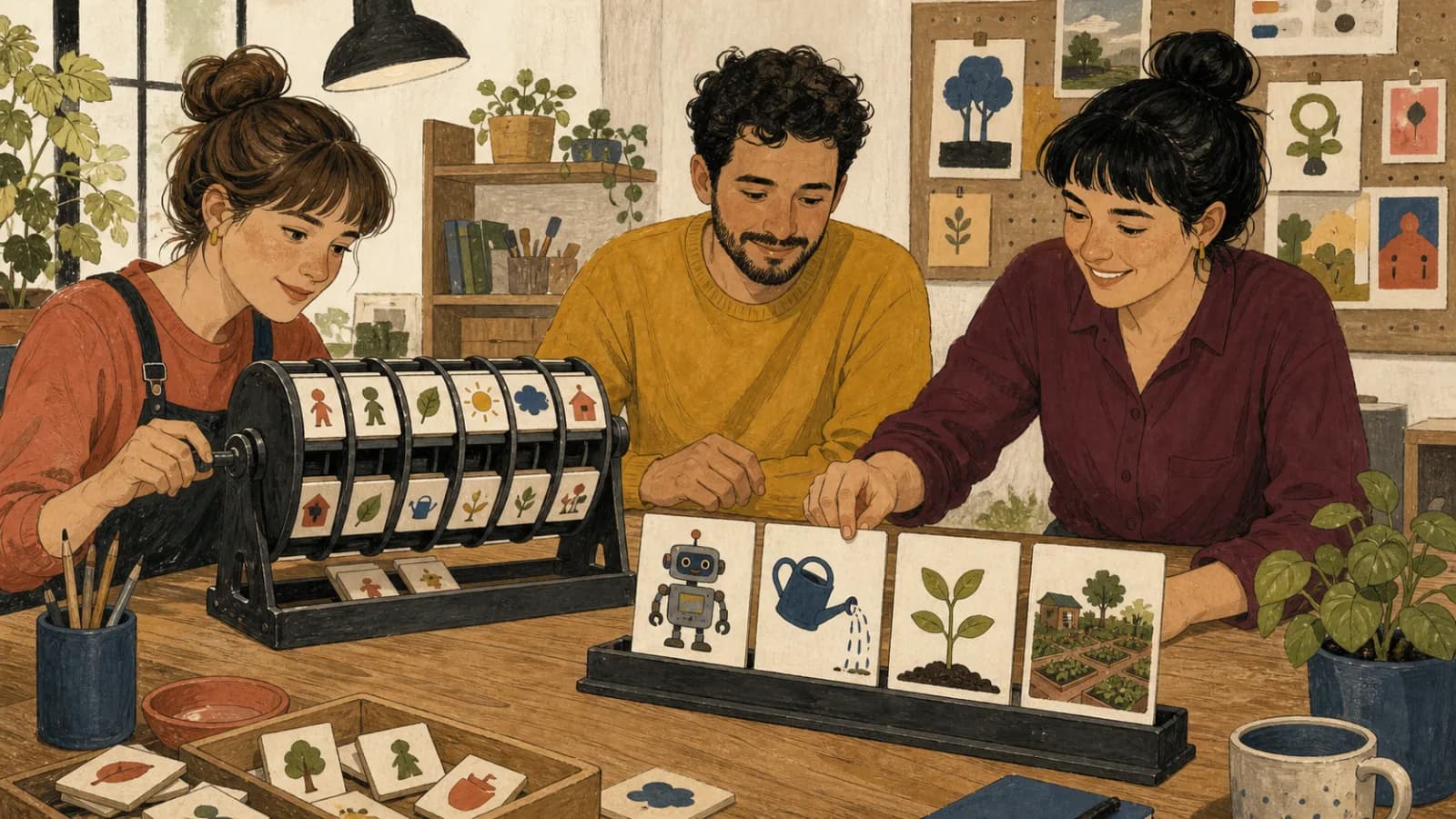 Drei Erwachsene wählen Roboter, Gießkanne, Pflanze und Gemeinschaftsgarten aus und ordnen die Bildkarten zu einem Satzimpuls.