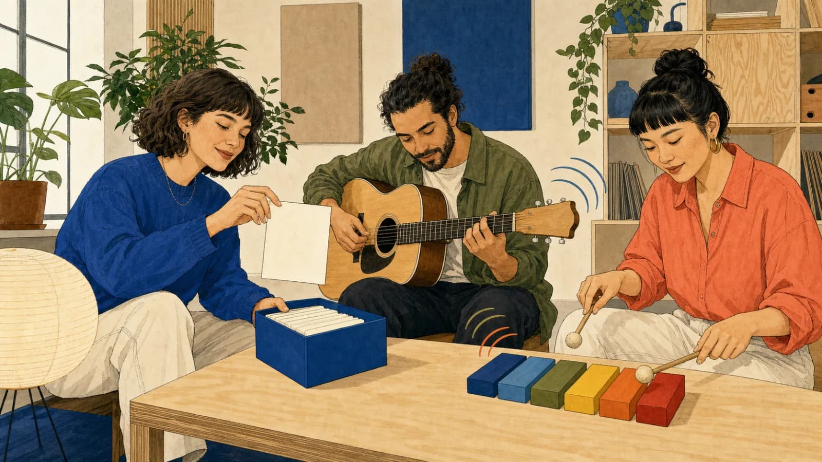 Drei Erwachsene ziehen in einem hellen Musikatelier eine leere Impulskarte und übersetzen die Idee mit Gitarre und farbigen Klanghölzern in einen Rhythmus.
