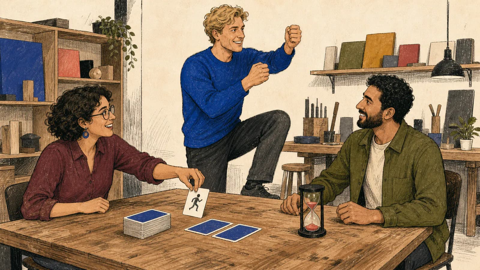 Drei Erwachsene in einer modernen Werkstatt spielen ein Aktionskarten-Spiel: Ein Mann stellt pantomimisch das Leiterklettern dar, eine Frau zieht eine Karte vom Stapel und ein Mann misst die Zeit mit einer kleinen Sanduhr auf dem Tisch.