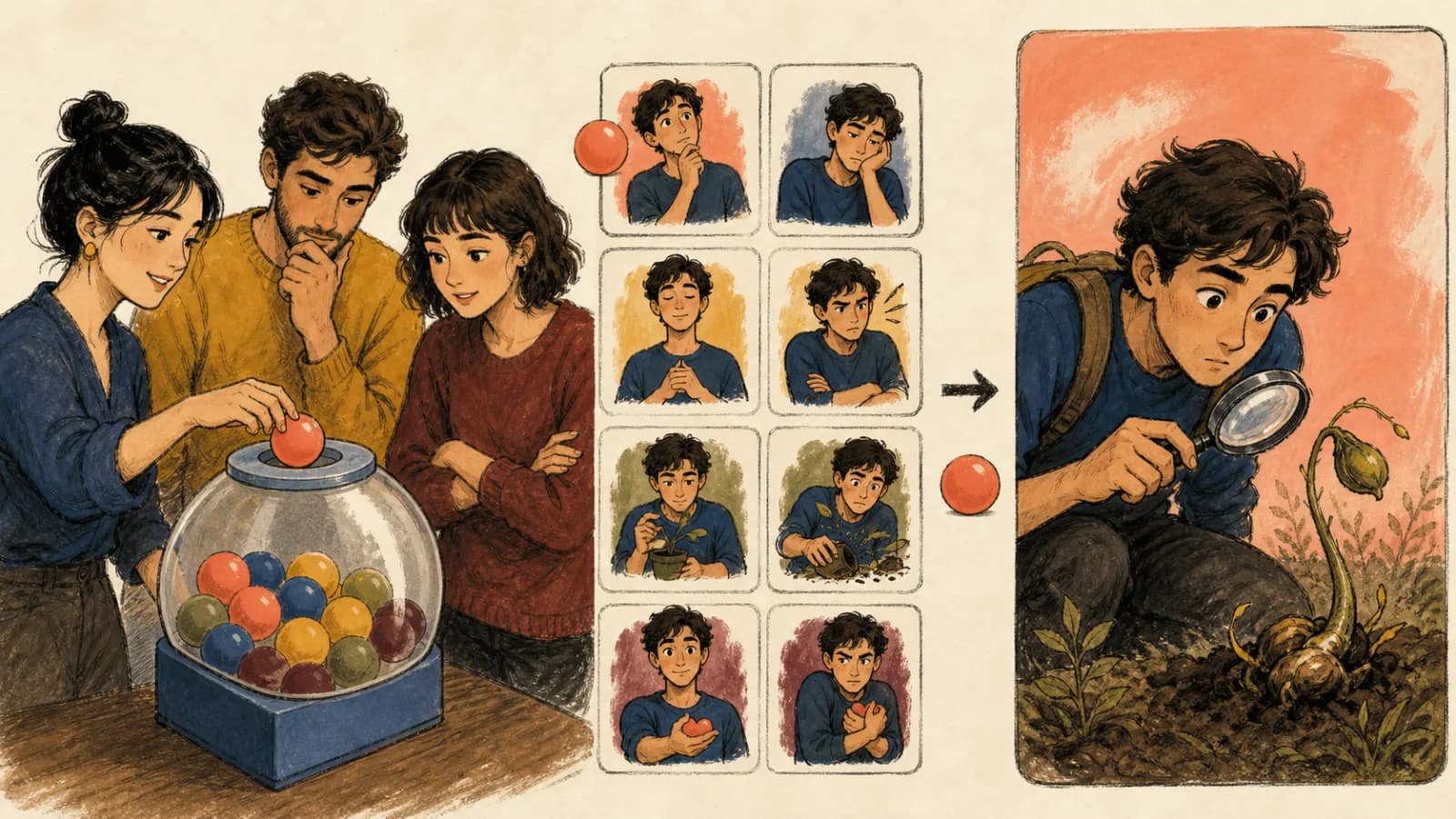 Tres adultos usan un selector sin texto para comparar a una persona curiosa o aburrida, paciente o impaciente, cuidadosa o imprudente, amable o egoísta.