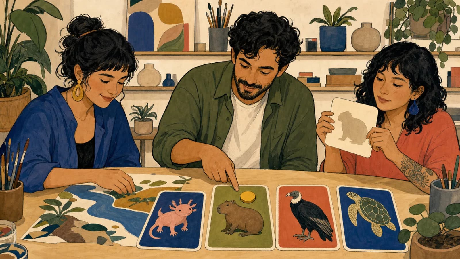 Tres adultos eligen al azar un capibara con tarjetas de animales sin texto y una ficha amarilla en un taller creativo.