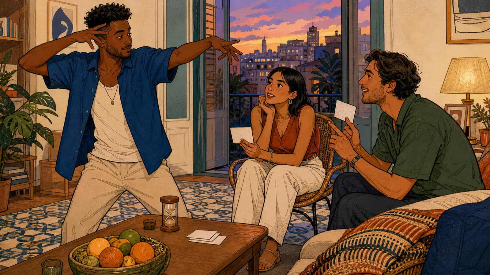 Tres amigos juegan a las charadas en casa mientras una persona actúa y las otras intentan adivinar.
