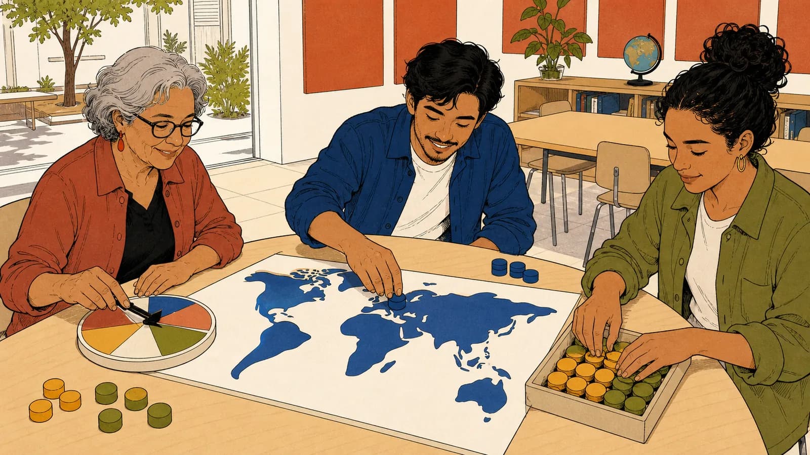 Tres personas en un aula comunitaria giran una pequeña ruleta y colocan fichas de ciudad sobre un mapamundi sin rótulos.