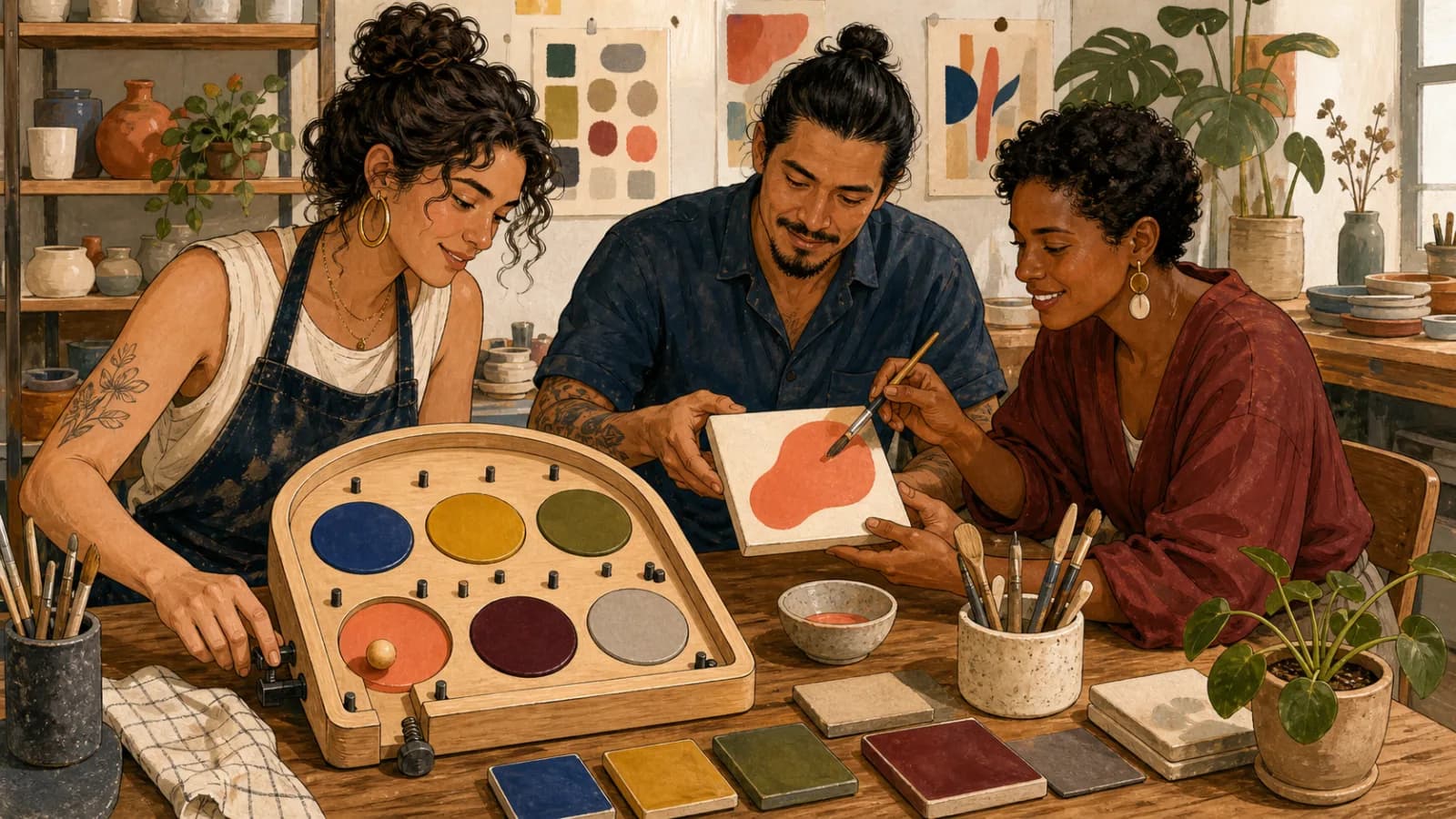 Tres adultos usan un selector de bolas para elegir un coral terracota y aplicarlo a una pieza de cerámica sin texto.