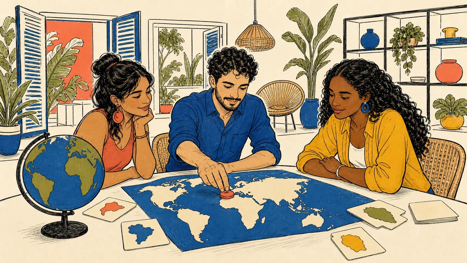 Tres adultos de distintas comunidades hispanohablantes eligen un país al azar con un mapamundi, un globo y tarjetas de siluetas.