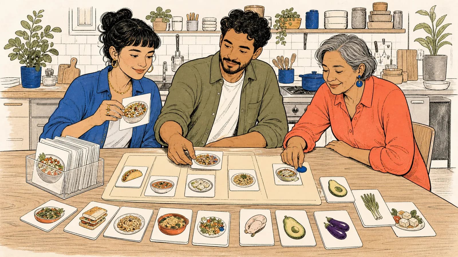 Tres adultos de distintas comunidades hispanohablantes eligen una idea de comida al azar con tarjetas de platos y un marcador azul en una cocina comunitaria contemporánea.