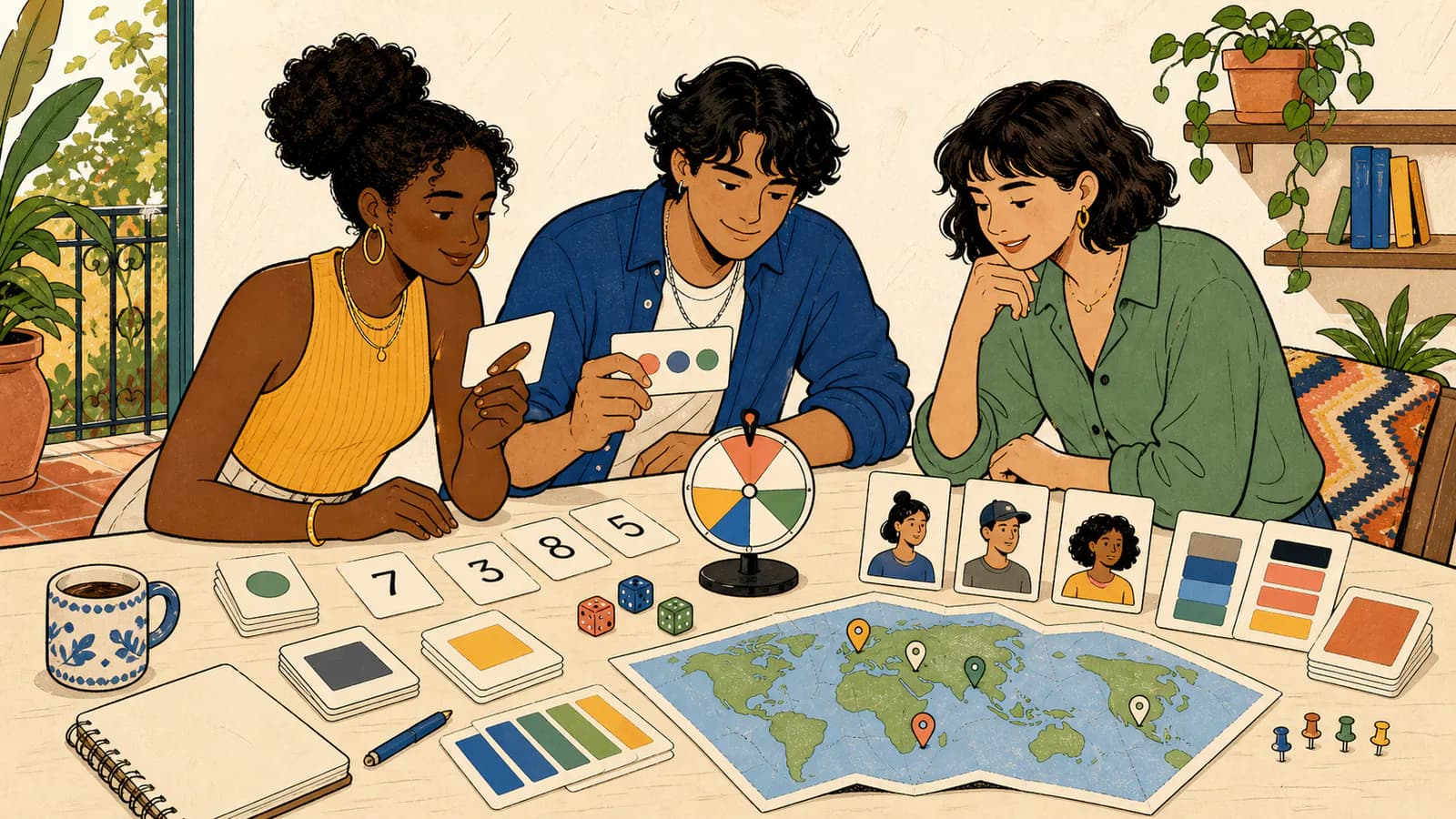 Tres jóvenes de distintos orígenes hispanohablantes exploran tarjetas, dados, colores y mapas en una mesa de herramientas aleatorias.