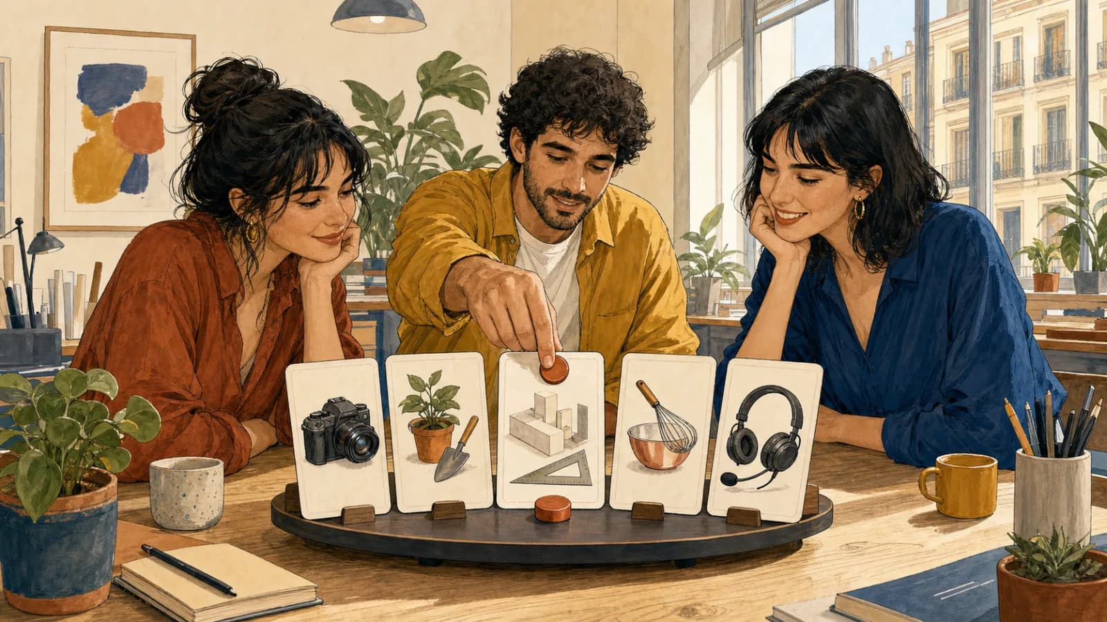 Tres adultos en un estudio de orientación usan un selector de tarjetas para elegir al azar una profesión de diseño arquitectónico representada con maquetas y escuadra.