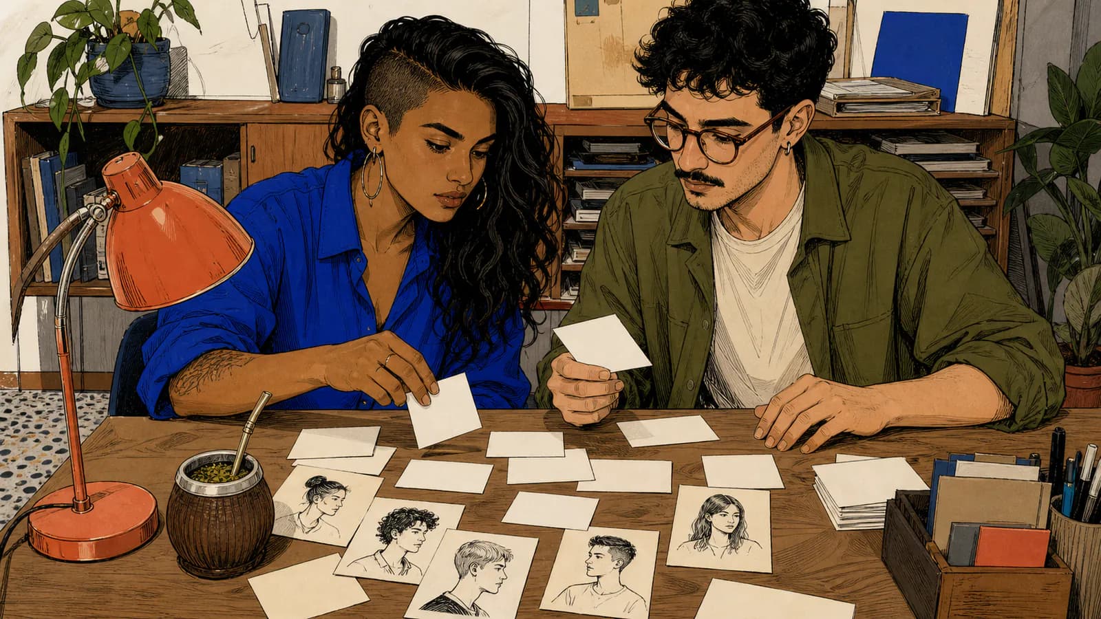 Dos diseñadores de personajes organizan retratos y etiquetas de nombres en un estudio creativo.