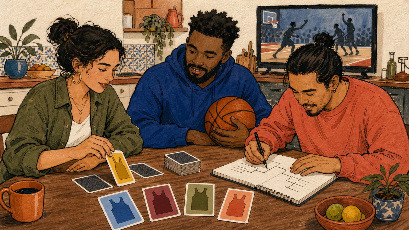 Tres personas alrededor de una mesa de cocina compartida voltean tarjetas de equipo, dibujan un cuadro de enfrentamientos en un cuaderno y sostienen un balón de baloncesto