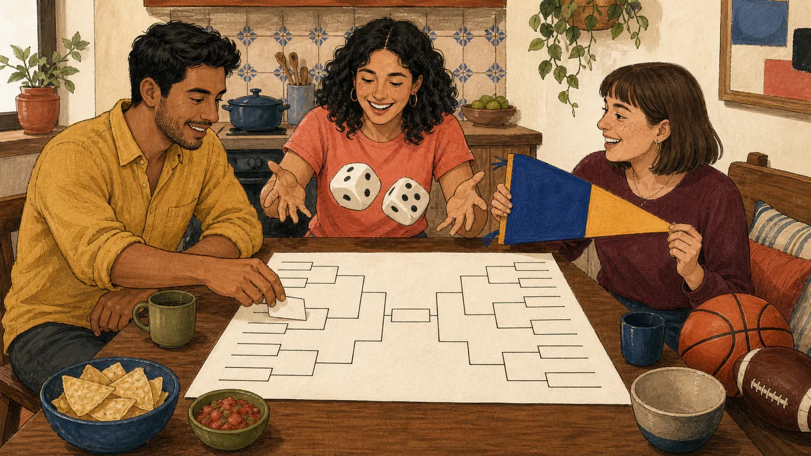 Tres amigos en la mesa de una cocina compartida rellenan un cuadro de torneo en blanco: una mujer de camiseta coral lanza dos dados de espuma, un hombre de camisa de lino mostaza coloca una tarjeta de equipo en blanco en una casilla y una mujer de top burdeos sostiene un banderín liso en cobalto y mostaza, con un balón de baloncesto y uno de fútbol americano junto a la mesa.