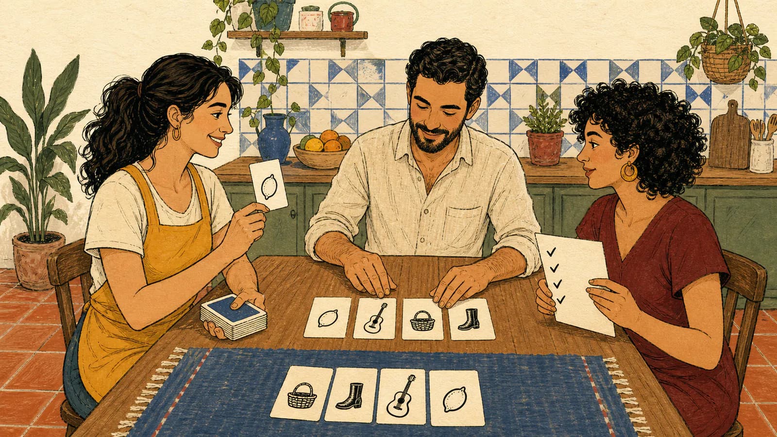Tres amigos alrededor de la mesa de una cocina compartida juegan a las cartas de objetos: una mujer muestra una carta sacada del mazo, un hombre alinea las cartas sacadas con pictogramas de objetos y una mujer marca una lista con palomitas.