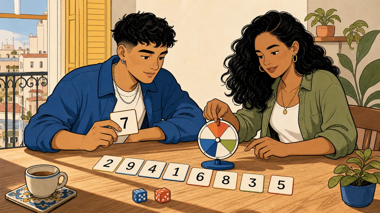 Dos personas eligen números al azar con tarjetas, dados y una pequeña ruleta en un apartamento urbano.
