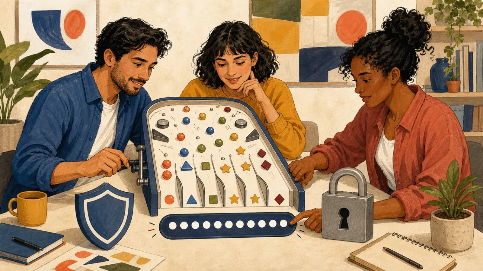 Tres adultos introducen fichas geométricas en un generador que produce una fila de puntos ocultos junto a un candado y un escudo.