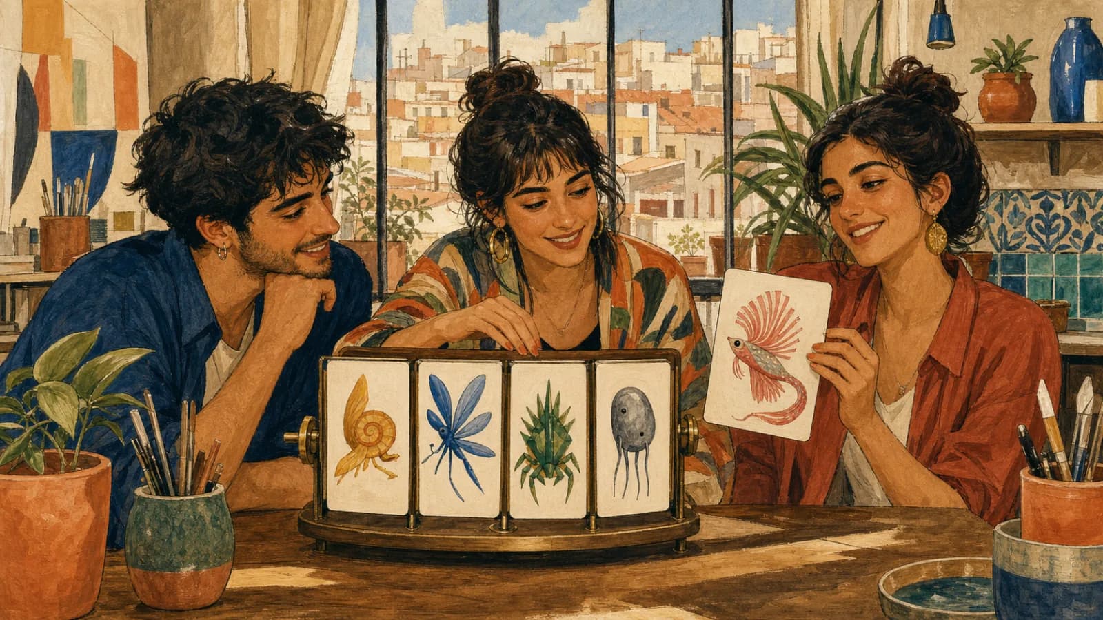Tres amigos en un estudio creativo usan un selector giratorio de cartas para elegir al azar una criatura fantástica original.