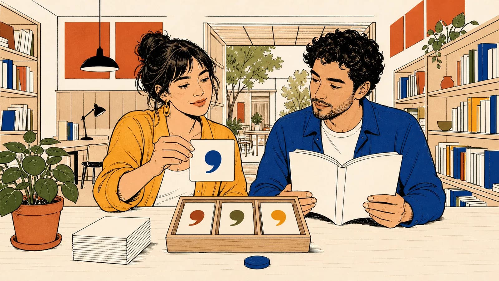 Dos personas en una biblioteca-taller contemporánea sacan una tarjeta con comillas de una pequeña ruleta y contrastan la elección con un libro abierto.