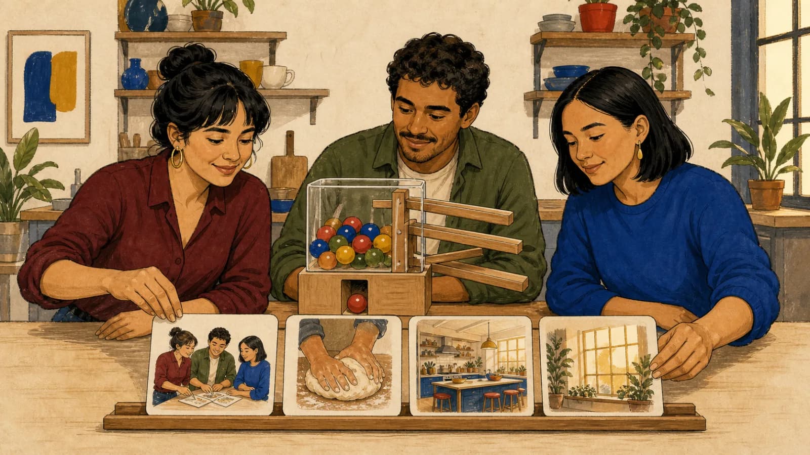 Tres adultos eligen tarjetas de colaboración, amasado, cocina compartida y luz matinal para formar una frase visual.