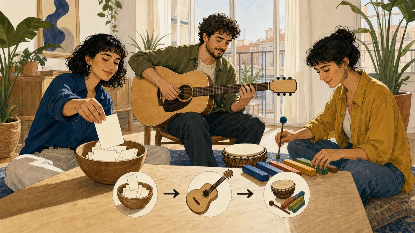 Tres adultos en un estudio musical luminoso sacan una tarjeta en blanco y convierten la idea aleatoria en guitarra, percusión y bloques de ritmo de colores.