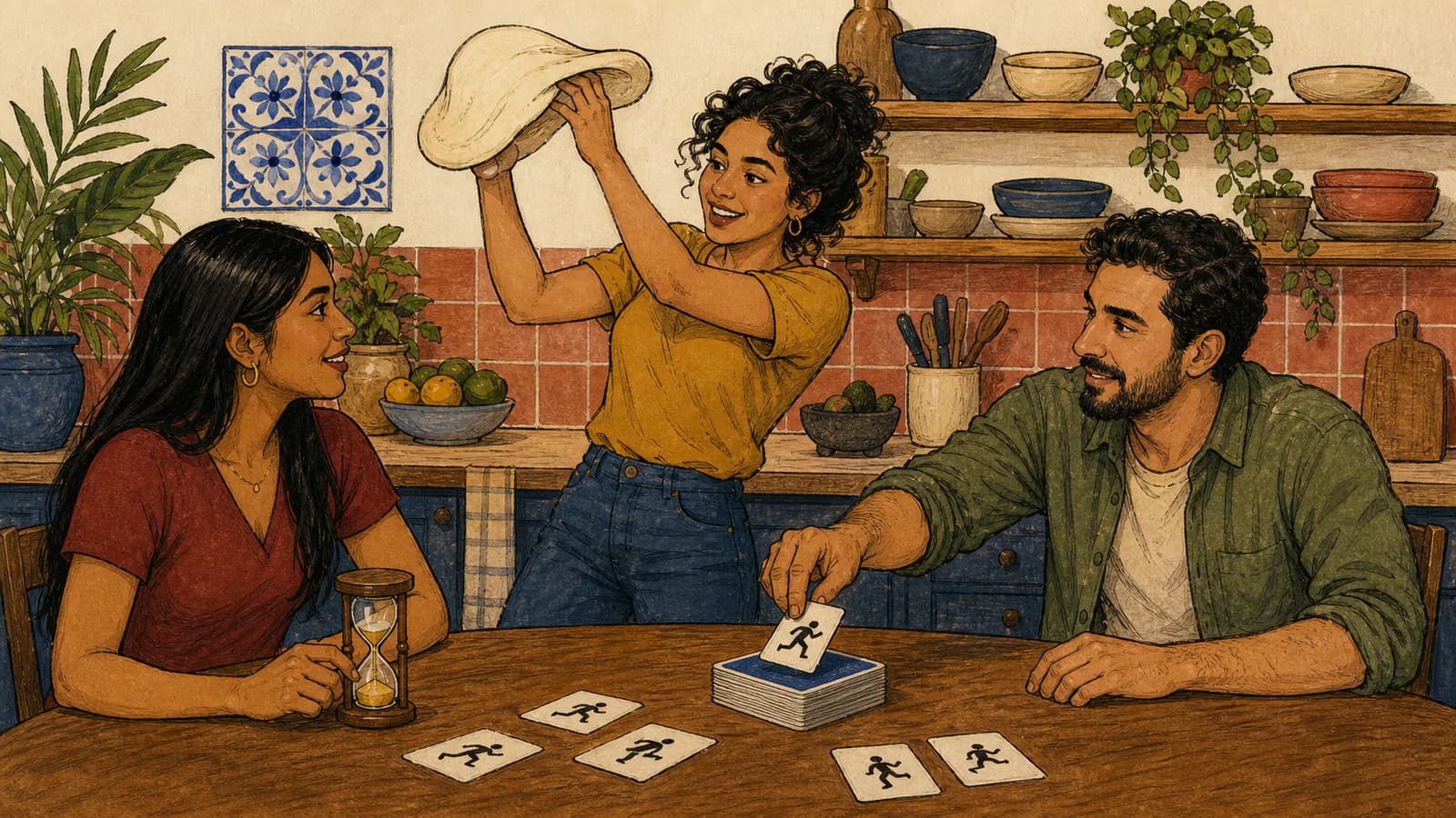 Tres adultos en una cocina compartida juegan a las cartas de acciones: una mujer hace el gesto de amasar y lanzar masa de pizza, un hombre saca una carta del mazo y una mujer cronometra el turno con un pequeño reloj de arena sobre la mesa.