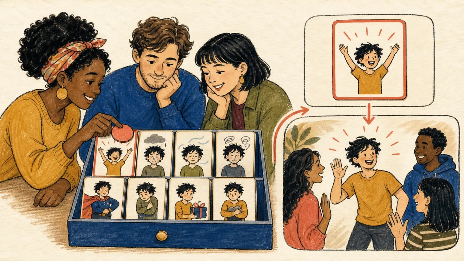 Trois adultes utilisent un sélecteur de cartes illustrées et tirent au hasard un personnage joyeux parmi plusieurs qualités opposées.