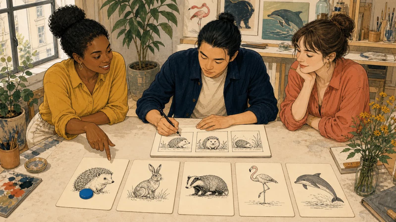 Trois adultes utilisent des cartes d’animaux sans texte et un jeton bleu pour tirer un hérisson au hasard dans un atelier créatif.