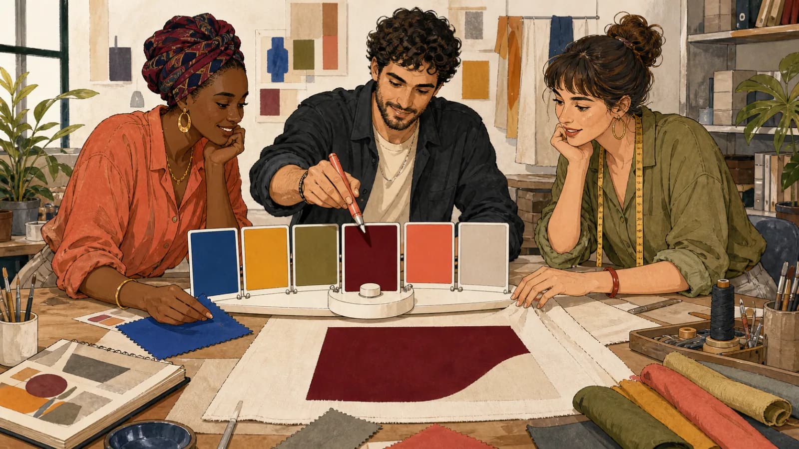 Trois adultes utilisent un carrousel de couleurs pour choisir un bordeaux profond et l’appliquer à un panneau textile.