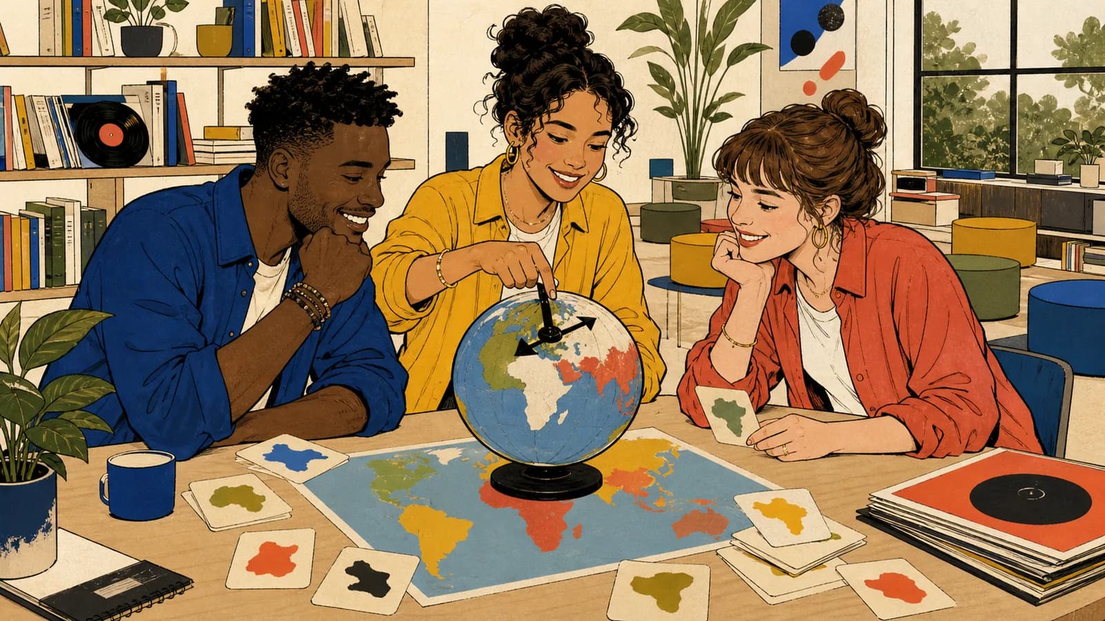 Trois adultes utilisent un globe, une carte du monde et des cartes de pays pour tirer un pays au hasard dans une médiathèque.