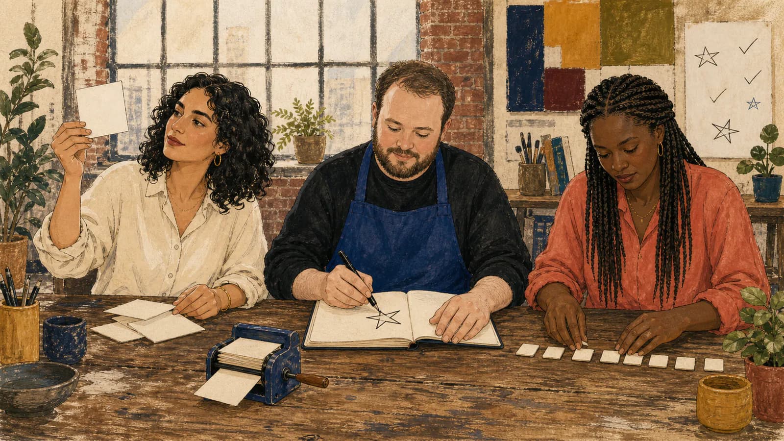 Trois adultes dans un loft atelier imaginent des mots inventés : une femme examine une carte vierge à la lumière, un homme dessine une étoile dans un carnet et une femme mélange des tuiles de lettres retournées près d'un distributeur de cartes manuel.