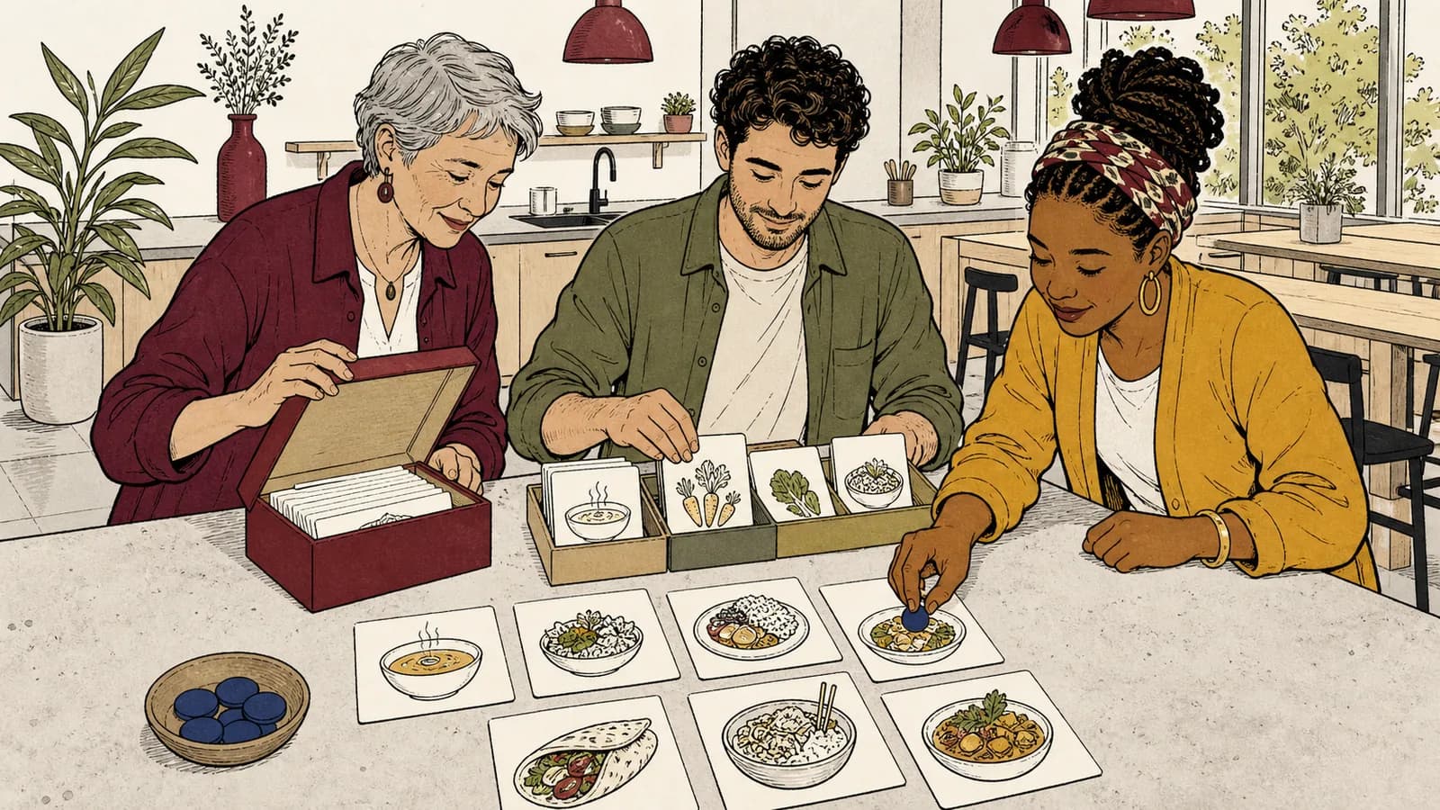 Trois adultes issus de différentes communautés francophones choisissent une idée de plat au hasard avec des cartes illustrées et un jeton bleu dans une cuisine associative contemporaine.