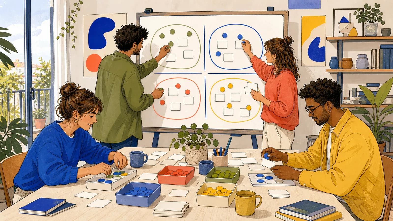 Dans un atelier français, des participants répartissent des jetons et des cartes vierges en groupes équilibrés sur un tableau.