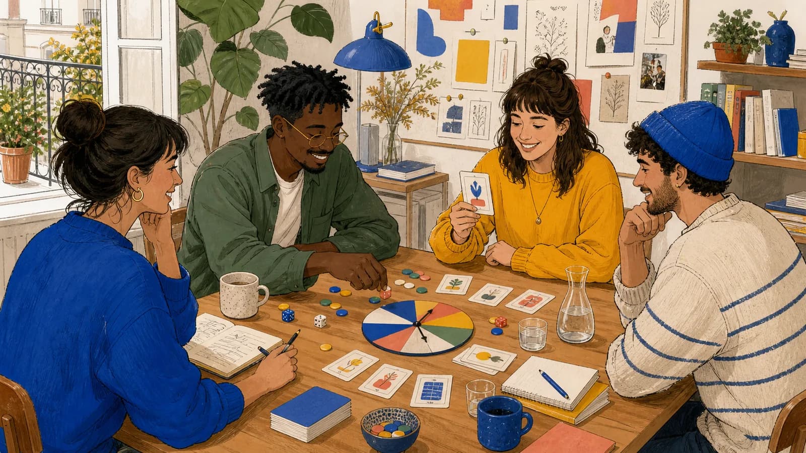 Un atelier créatif français utilise des dés, des cartes, des jetons et une roue pour choisir des idées au hasard.