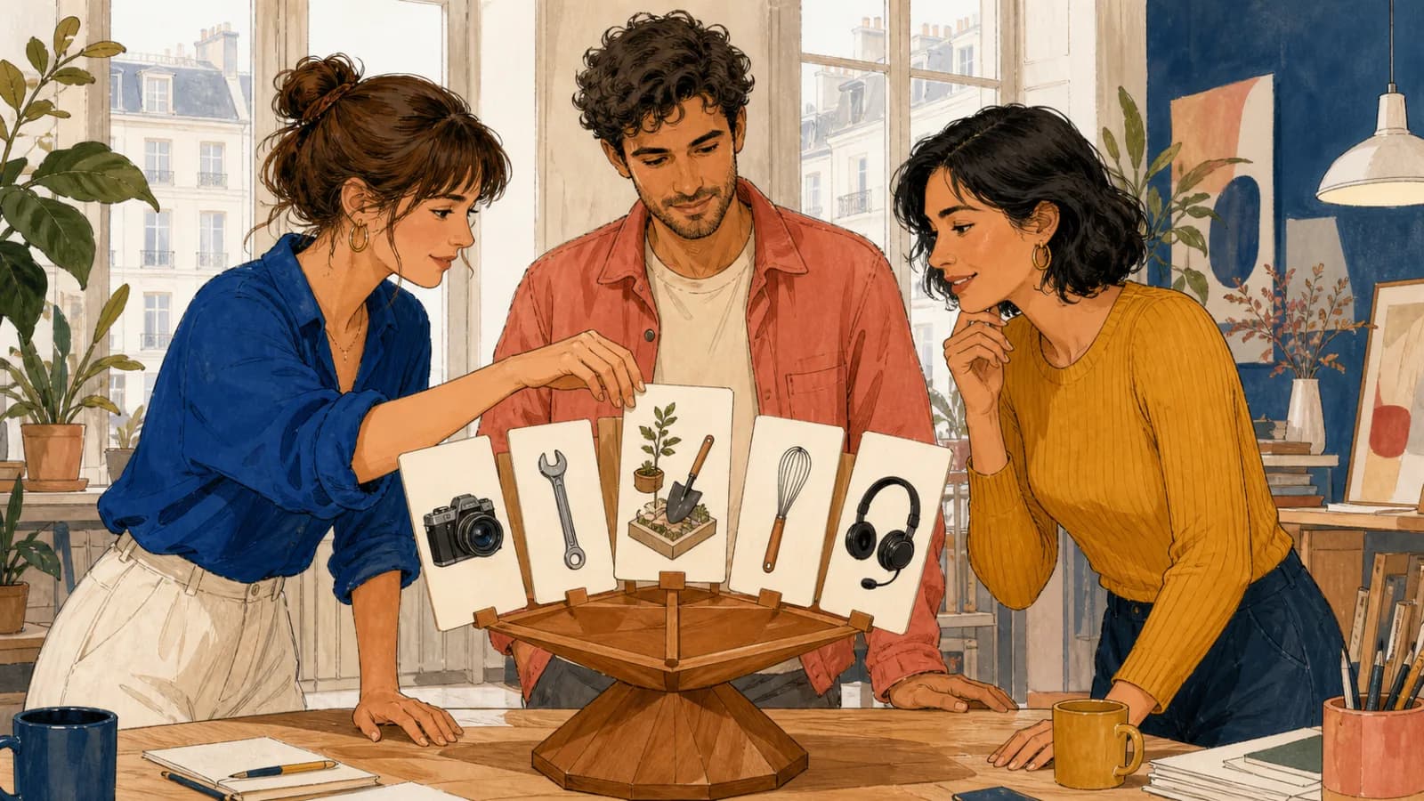Trois adultes utilisent un carrousel de cartes sans texte pour choisir au hasard une idée de métier liée à la conception paysagère.