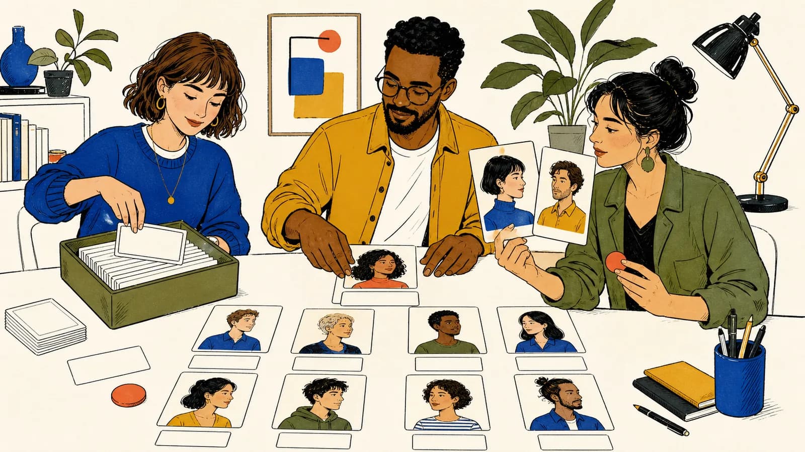 Trois adultes organisent des cartes-portraits et des étiquettes de nom vierges dans un atelier créatif pour choisir des noms au hasard.