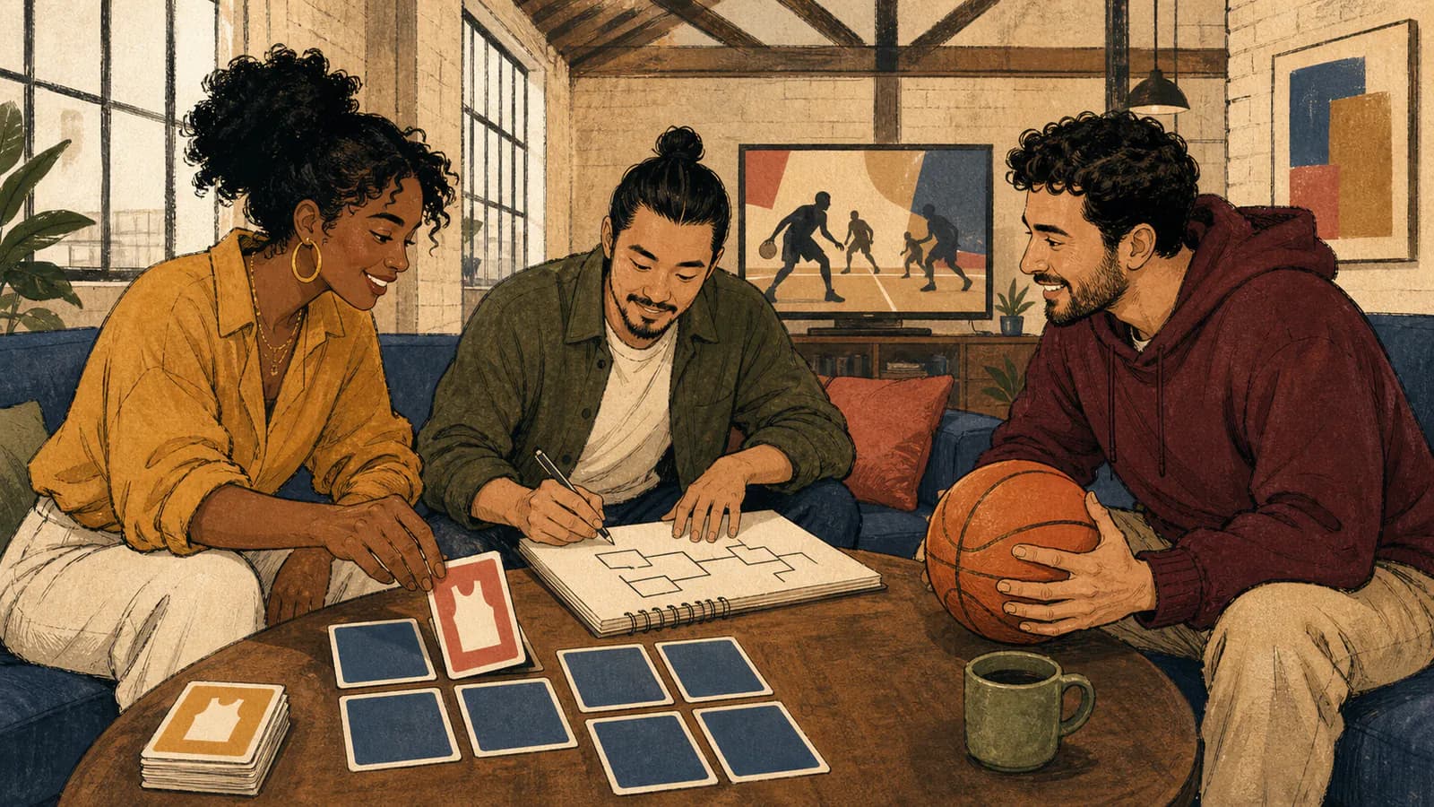 Trois amis dans un loft retournent des cartes d'équipe, dessinent un tableau de matchs dans un carnet et tiennent un ballon de basket autour d'une table basse