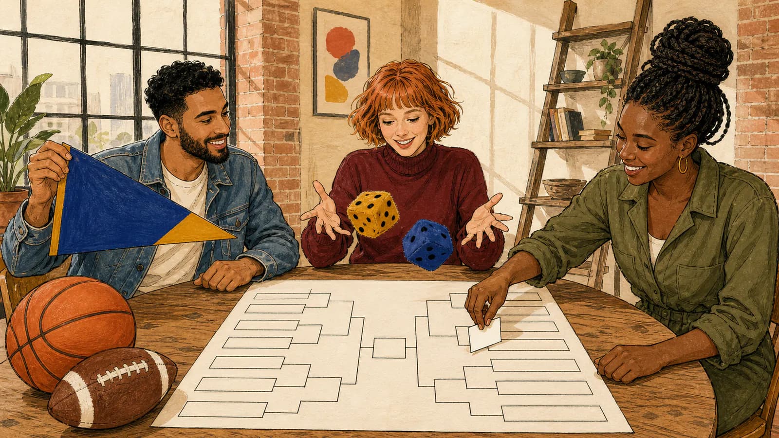 Trois amis dans un loft remplissent un tableau de tournoi vierge : une femme en col roulé bordeaux lance deux dés en mousse, une femme en combinaison olive glisse une carte d'équipe vierge dans une case, et un homme en veste en jean tient un fanion uni bleu cobalt et moutarde, avec un ballon de basket et un ballon de football américain sur la table.