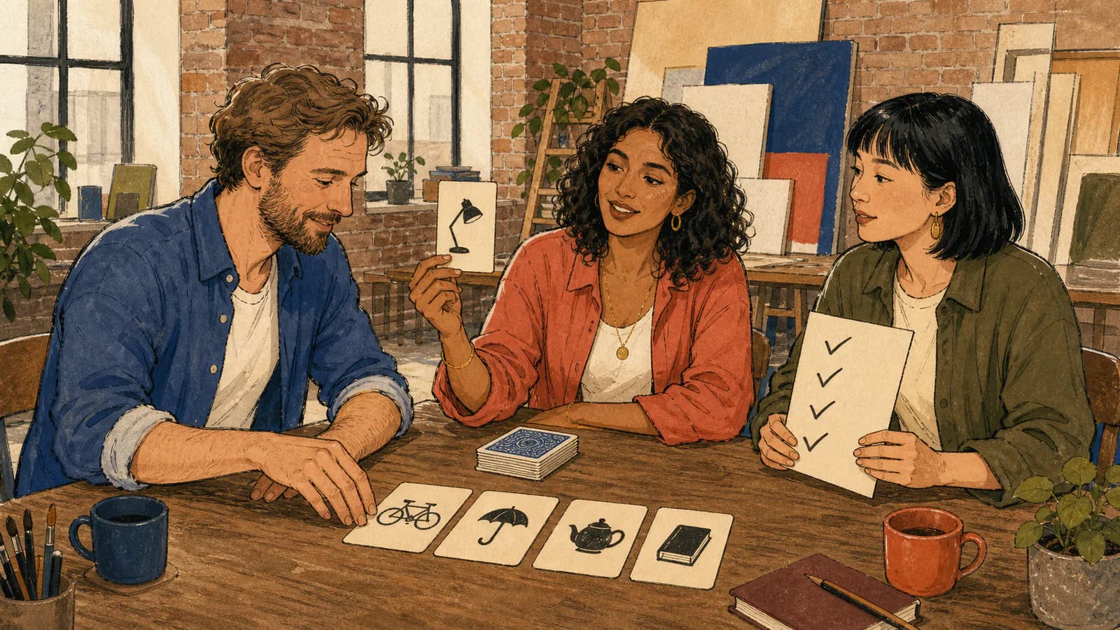Trois amis dans un loft-atelier jouent à un jeu de cartes-objets : une femme montre une carte tirée d'une pioche, un homme aligne les cartes déjà tirées aux pictogrammes d'objets, une femme coche une liste.