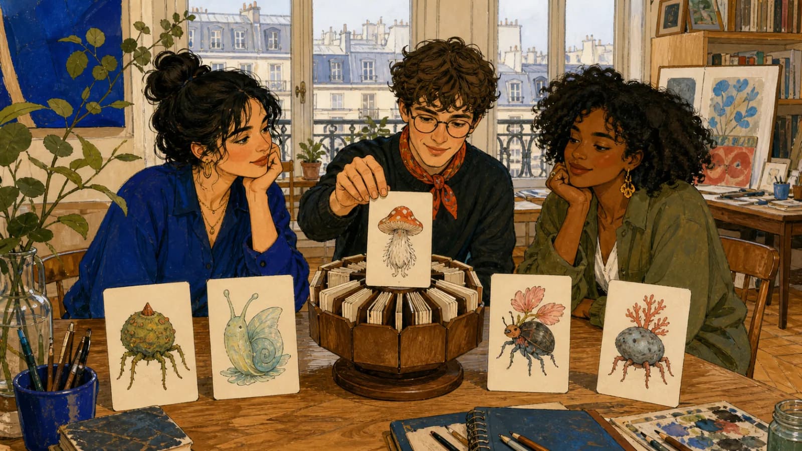 Trois amis dans un atelier parisien lumineux utilisent un carrousel en bois pour choisir au hasard une carte de créature fantastique originale.