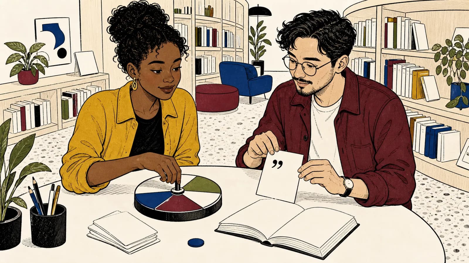 Deux personnes, dans une médiathèque contemporaine, tirent une carte marquée de guillemets et vérifient le choix dans un livre ouvert.