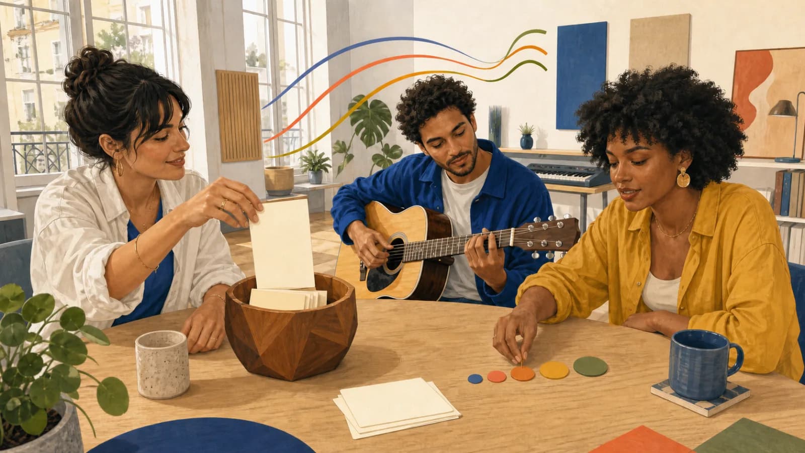 Trois adultes, dans un studio musical lumineux, tirent une carte vierge au hasard puis transforment l’idée en guitare et en rythme avec des jetons colorés.