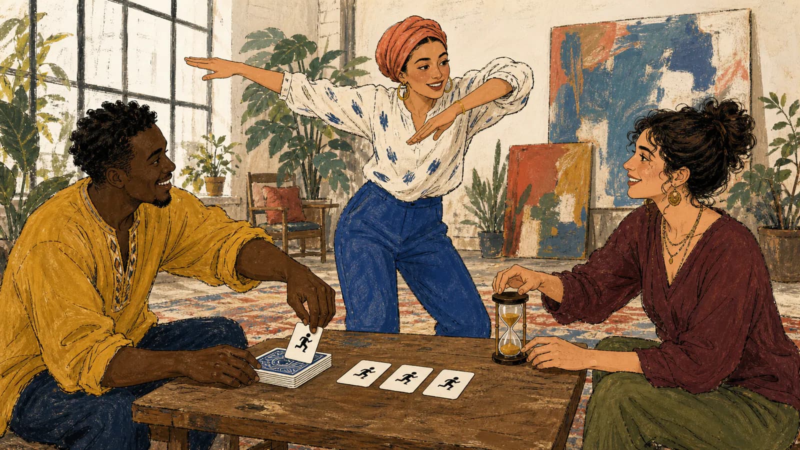 Trois amis dans un loft lumineux jouent aux cartes d'actions : une femme mime un mouvement de natation, un homme tire une carte de la pioche et une femme chronomètre la manche avec un petit sablier posé sur la table.