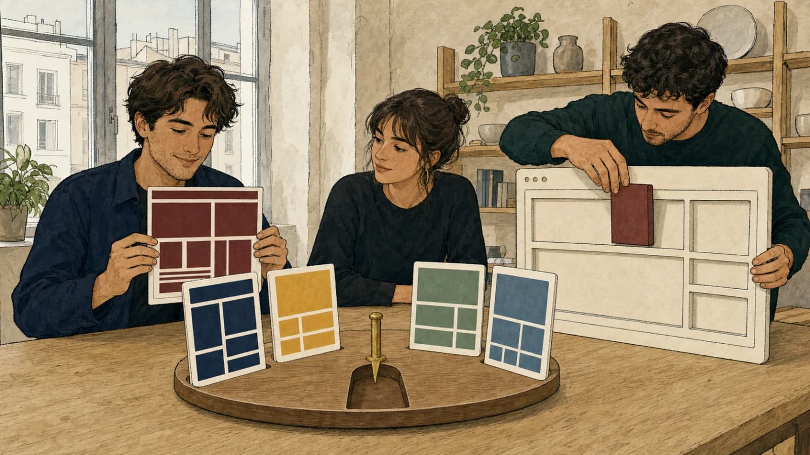 Trois créateurs dans un atelier urbain utilisent un carrousel aléatoire pour choisir une carte de structure de site sans texte et composer le prototype correspondant.