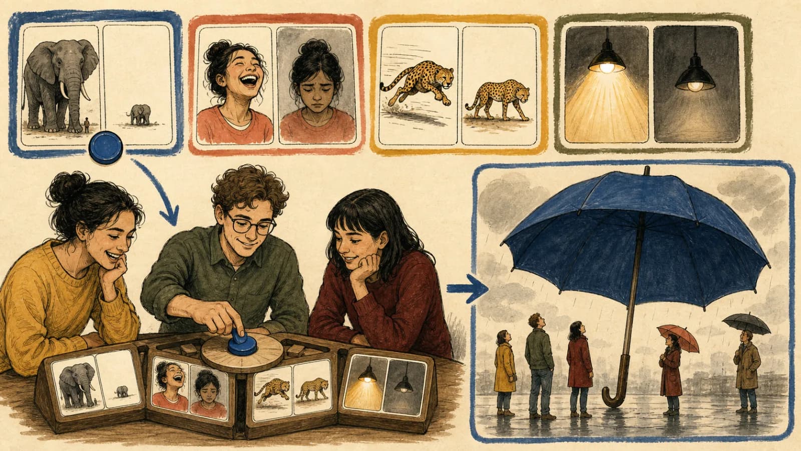 Three adults use a wordless selector to compare enormous and tiny, joyful and gloomy, fast and slow, and bright and dim examples.